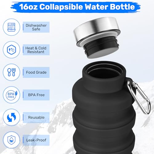 Collapsible Water Bottles, 16oz Foldable Silicone Travel Water Bottle with Carabiner, Wide Mouth, Leak-Proof, BPA-Free for Hiking, Camping, Travel - Blue - color: Blue, size: 16 Ounces