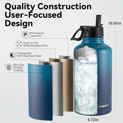 KXIAOCHEN Insulated Water Bottle with Strap, 48-Hour Cold, 2 Lids - color: Dark Night-B, size: 64 Ounces