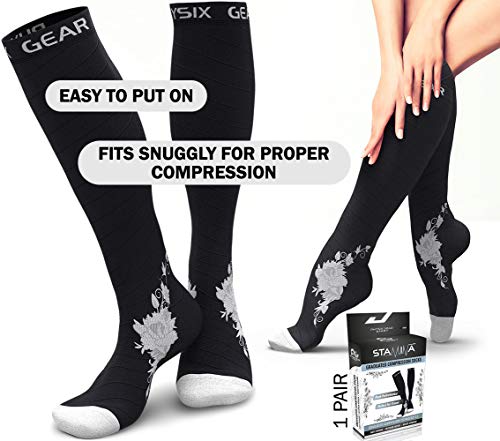 Physix Gear Compression Socks 20-30 mmHg - Men & Women - Running, Nurses, Shin Splints, Flight, Travel - color: Black/Grey Flower, size: Small-Medium