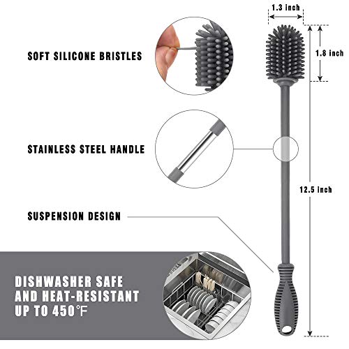 Silicone Bottle Brush with Long Handle, 12.5" Bottle Cleaning Brush, Gray - color: Gray