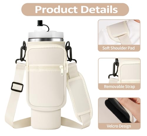 AceTreker Water Bottle Carrier Bag with Strap for Stanley 40/30 oz Tumbler Neoprene Insulated Cup Holder Sleeve with Phone Pocket & Straw Cover for Stanley Cup Accessories - color: 01-Cream, style: 30 Oz