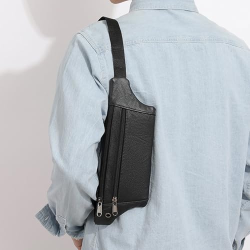 Leather Belt Bag,Black Belt Bag Mens Fanny Pack Crossbody 3-Zipper Pockets Phone Bag Fits All Phones Wallet Keys, Casual Hands-Free Waist Pack For Travel Workout Running Gifts