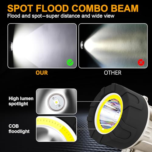 YIERBLUE Rechargeable Spotlight Floodlight Combo 2200,000 High Lumen LED, IP67 Waterproof Spot Light COB Flood Light, Impact Resistant Handheld Spotlight with Foldable Stand and Detachable Red Lens - color: Pearl Ultra