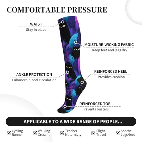 Cute Compression Socks Knee High Support Stockings Women Men - color: Black Cats Purple
