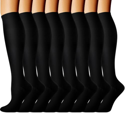 8 Pairs Wide Calf Compression Socks for Women Men 15-20 mmHg Knee High - color: Black, size: Large-X-Large