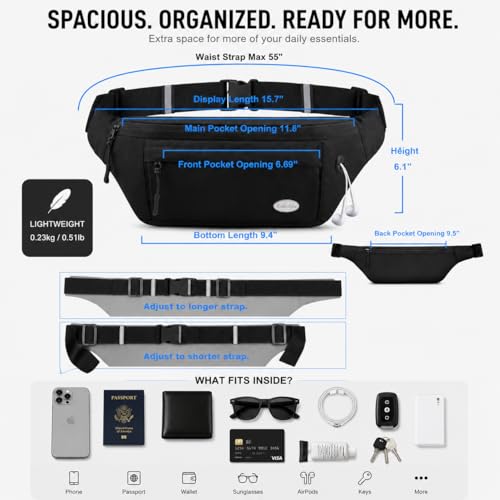 Entchin Water-Resistant Fanny Pack, 4-Zipper Belt Bag - color: Large Black
