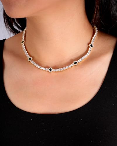LuxeFlex 4mm Iced Out Four Leaf Tennis Chain,White Gold Plated with 5A Zircon Stones, exquisite Handmade Hip Hop Bling Necklace Perfect Unisex Jewelry Gift - color: Gold, size: 16 INCH