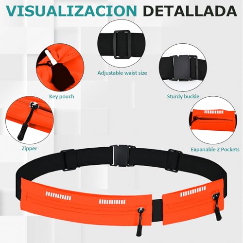 Running Belt Waist Pack, Orange, Dual Zippered Pockets, Adjustable Elastic Band with Reflective Strips (Orange) - color: Orange
