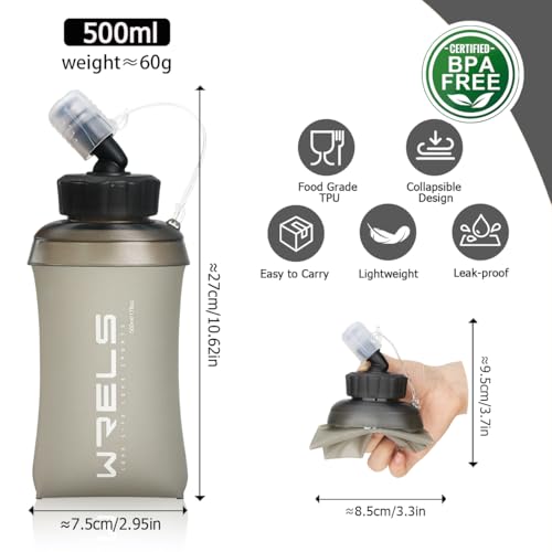WRELS 350ml/500ml TPU Soft Water Bottles BPA Free Collapsible Soft Flask with Widen Mouth for Running Vest Lightweight Foldable Water Bottle for Running Marathon Trail Hiking - color: 500ml/17oz-Grey