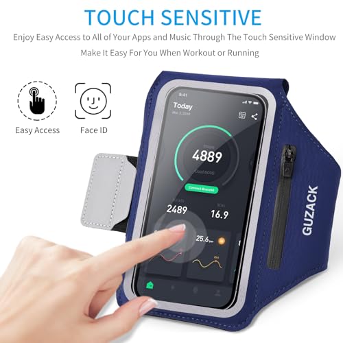 GUZACK Running Armband with Key Pockets & Card Slot, Up to 6.9", Medium - color: Navy Blue, size: M