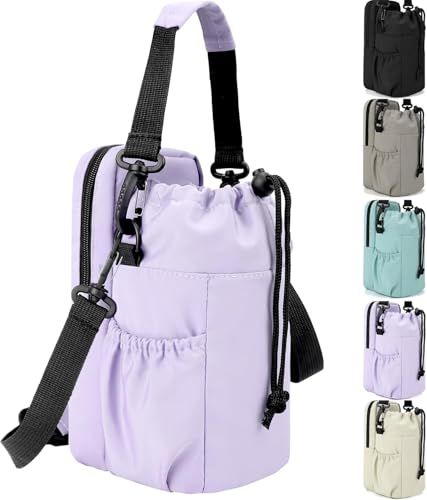 Water Bottle Holder with Strap, 32/40oz Insulation Water Bottle Carrier Bag with Phone Pocket, Water Bottle Sling Bag Crossbody Water Bottle Holder for Hiking Walking - color: Purple