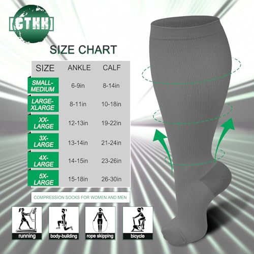 CTHH Wide Calf Compression Socks for Women Men Plus Size Knee High Stocking - color: White/Black/Dark Gray, size: 4X-Large