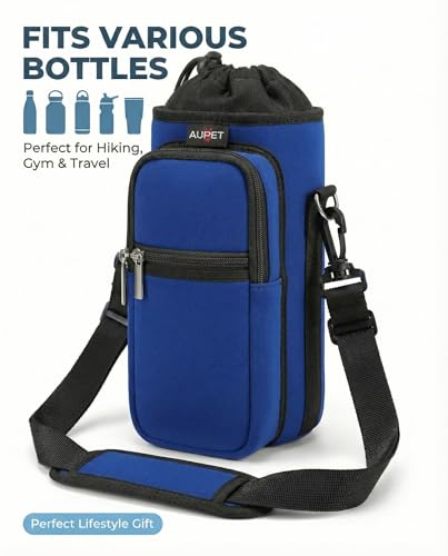 AUPET Water Bottle Sling Bag Sleeve Holder Carrier 25/32/40/64 oz,Insulated Crossbody Water Bottle Case Cover with Strap and Pockets for Men/Women Walking Hiking - color: dark blue, size: 64oz