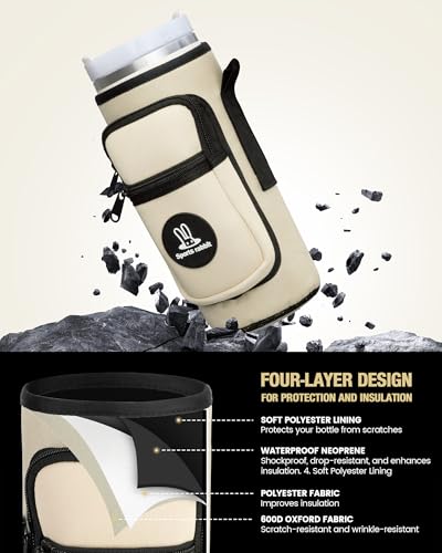 Sports rabbit Universal Water Bottle Holder with Strap & Phone Pocket - color: Cream, size: 40OZ