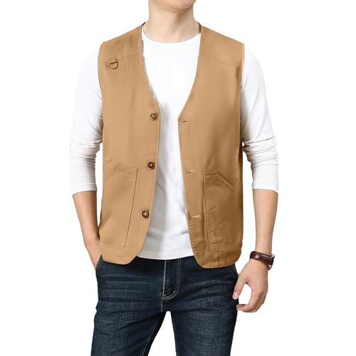 PRIJOUHE Mens Casual Cotton Vest Lightweight Outdoor Fishing Utility Vest - color: 03-khaki, size: Large