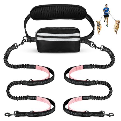 Hands Free Dog Leash for Two Dogs Walking,Running - color: Black/Pink, size: Large