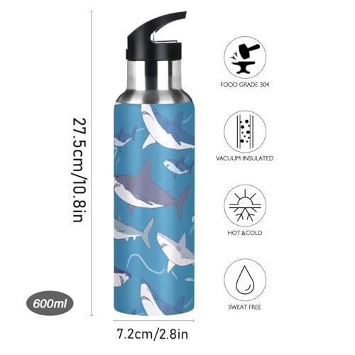 OTVEE Sharks Water Bottle Water Bottle Sports Water Bottle Insulated Stainless Steel Hot Cold Water Mug with Straw Lid & Handle for Sports Gym 20 oz - color: Sharks
