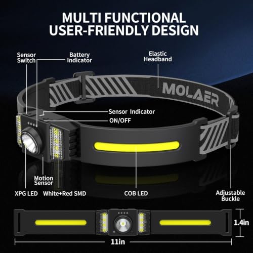 LED Headlamp Rechargeable 3PCS, Wide Beam Bright Headlight Flashlight with White Red Light, Lightweight, Weatherproof, 9 Modes Motion Sensor Head Lamp for Outdoor Camping Running - color: 3-PACK