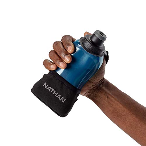 Nathan Running Handheld Water Bottle Adjustable No-Grip Quick Squeeze Lite Hand Strap. Reflective Hydration - color: Black / Marine Blue, style: 12oz