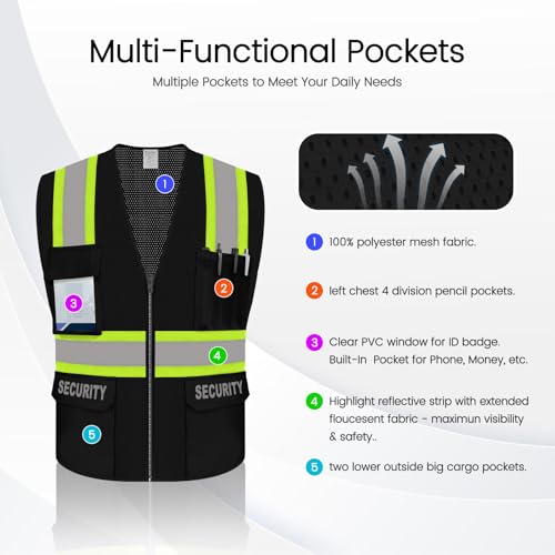 Security Vest for Men, High Visibility Mesh Vest, Black, 2XL - color: Black-security, size: XX-Large
