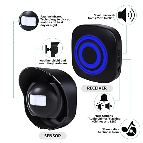 328ft Range Wireless Driveway Alarm, Outside Motion Sensor Alarm - color: Black