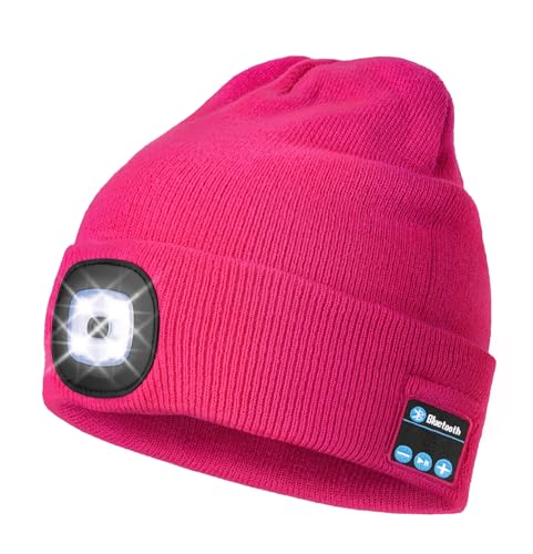 Wmcaps Bluetooth Beanie with LED Light and Headphones, Christmas Tech Gifts - color: Rose Red