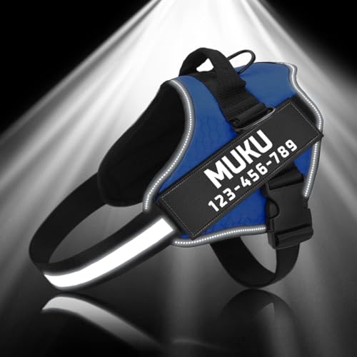 MUMUPET Custom Dog Harness Vest with 2 Personalized Name & Phone Patches - color: Blue-Custom, size: Large