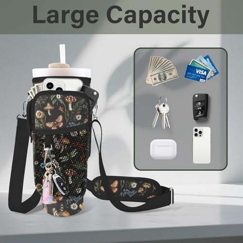 Water Bottle Carrier Bag for Stanley Cup 40/30oz, Neoprene Water Bottle Holder Pouch with 3 Pocket Adjustable Shoulder & Hand Strap - color: Retro Forest Mushroom