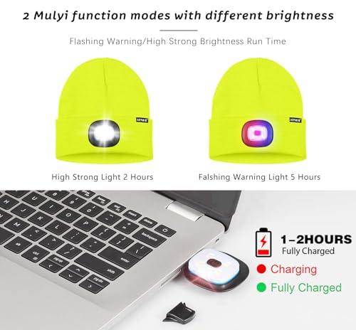 ATNKE LED Lighted Beanie Hat,USB Rechargeable 4 LED Red and Blue Flashing Running Headlamp Cap Gifts for Men and Women - color: #Fluorescent Yellow