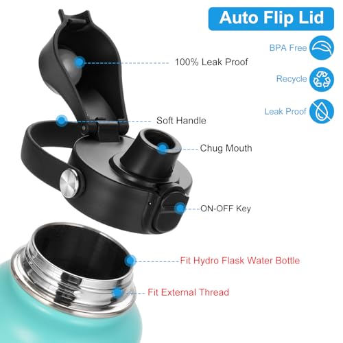 Auto Spout Lid for HydroFlask Wide Mouth Sport Water Bottles, Replacement Lid for Hydro Flask Wide Mouth 12, 16, 18, 32, 40, 64oz, Chug Lid with Flexible Handle, Button Lock, Black - color: Black