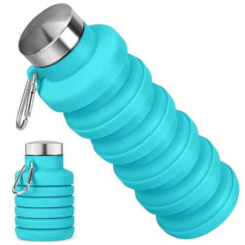 Collapsible Water Bottles, 16oz Foldable Silicone Travel Water Bottle with Carabiner, Wide Mouth, Leak-Proof, BPA-Free for Hiking, Camping, Travel - Blue - color: Blue, size: 16 Ounces