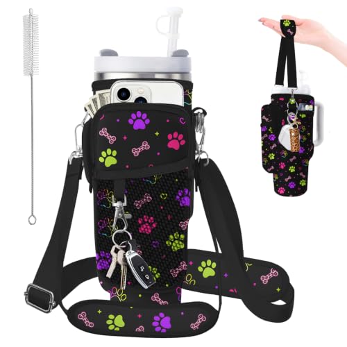 Water Bottle Carrier Bag for Stanley 40/30oz Cup Tumbler with Phone Pocket,Insulated Crossbody Water Bottle Holder with Adjustable Strap,Water Bottle Sling Pouch for Hiking Walking Camping Accessories - color: Neon Dog Paw Leopard Bone
