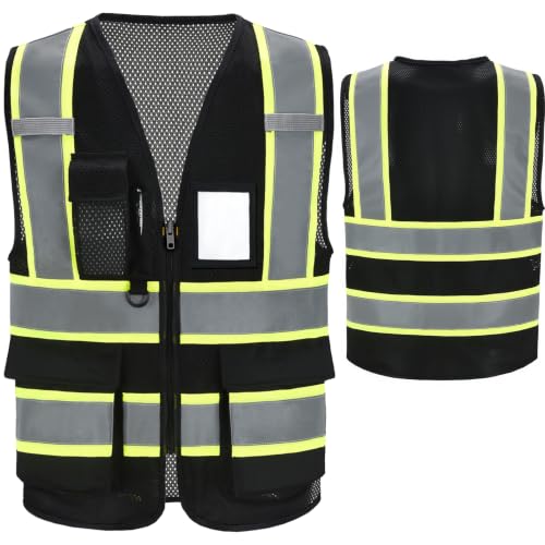 A-SAFETY Mesh High Vis Vest, Reflective Construction Vest with Pockets - color: Black, size: 3X-Large