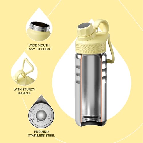 IDEUS Insulated Stainless Steel Water Bottle with 2 Leak-Proof Lids, Thermal Water Flask for Hiking Biking, 18oz, Light Yellow - color: Light Yellow, size: 18 Ounces