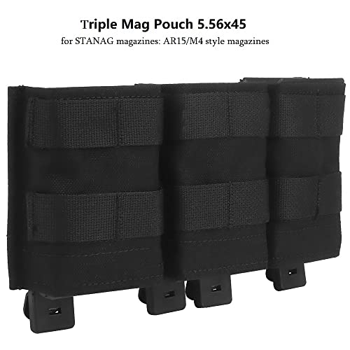 Triple Molle Mag Pouch 5.56 Tactical Open Top Magazine Holder Carrier with Quick Release Magazine Pouch Insert - color: BK