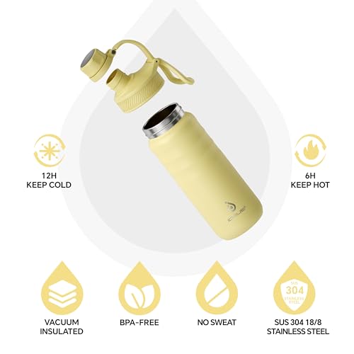 IDEUS Insulated Stainless Steel Water Bottle with 2 Leak-Proof Lids, Thermal Water Flask for Hiking Biking, 18oz, Light Yellow - color: Light Yellow, size: 18 Ounces