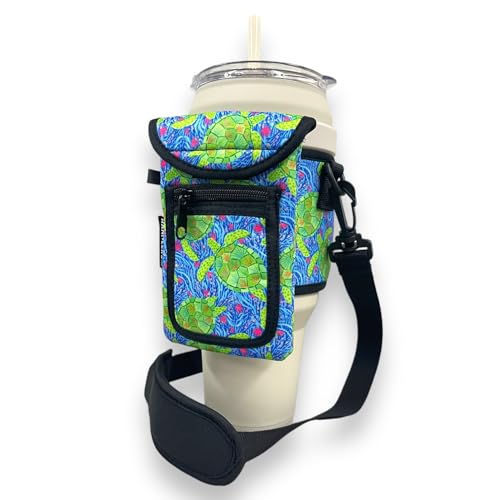 Drink Handlers Drink Carrier with Pocket Purse - Versatile Water Bottle Holder with Strap -Velcro Strap Fits Around 30-40oz Tumblers - Sea Turtles - color: Sea Turtles