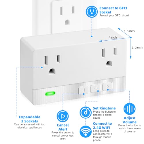 Freezer Alarm Wireless WiFi Alert 2.4GHz,Power Failure Alarm with 2 Socket, 110dB Power Loss Alert with LED Indicator,Blackout Alert for GFCI Trips,Refrigerator,Freeze,Compatible with Smart Life