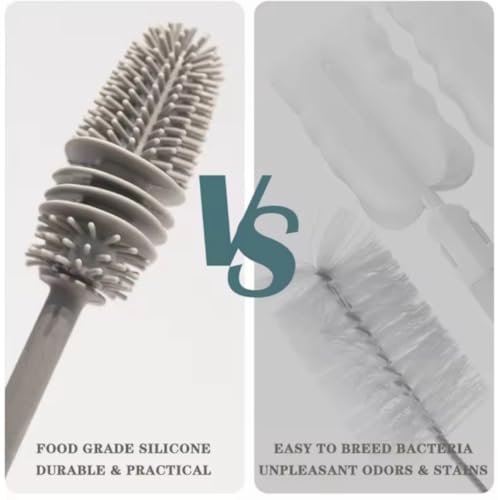 Silicone Bottle Brush & Silicone Straw Cleaner Set – 12.5” Long Handle, Flexible, Odor-Resistant, Dishwasher Safe – for Water Bottles, Baby Bottles, Tumblers & Straws (Grey)
