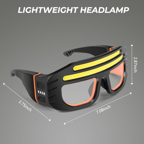 LED Glasses Rechargeable Headlight with COB Light and Clear PC lens, Hands-Free Flashlight Glasses for Mechanics, Night Running Cycling Camping Fishing - Water Resistant Headlamp for Adults