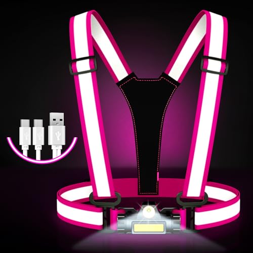 Running Lights for Runners,90°Adjustable LED Reflective Vest Running Gear,Rechargeable Chest Light Up Running Vest Night Walking Safety Gear for Night Walking/Cycling/Jogging - color: Pink