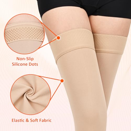 20-30 mmHg Footless Thigh High Compression Socks for Women Men - color: 2 Pair-Beige&Black, size: Small