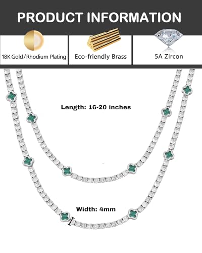 LuxeFlex 4mm Iced Out Four Leaf Tennis Chain,White Gold Plated with 5A Zircon Stones, exquisite Handmade Hip Hop Bling Necklace Perfect Unisex Jewelry Gift - color: White Gold-Green, size: 16 INCH