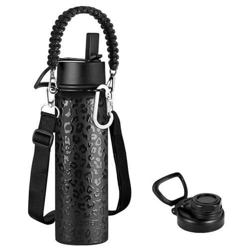 KXIAOCHEN Insulated Water Bottle with Strap, 48-Hour Cold, 2 Lids - color: Black Leoqard, size: 24 Ounces