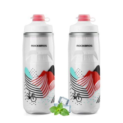 ROCKBROS Bike Water Bottle, 21oz Insulated Cycling Squeeze Bottle - color: White-red*2 Pack