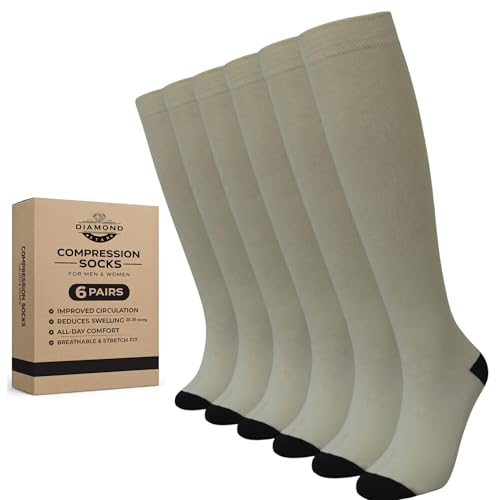 Diamond Star 6 Pairs Compression Socks for Men & Women, Knee High Socks - color: 6 Pairs Cream