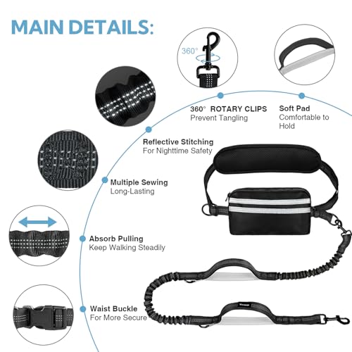 Hands Free Dog Leash for Two Dogs Walking,Running - color: Black/Silver Gray, size: Large