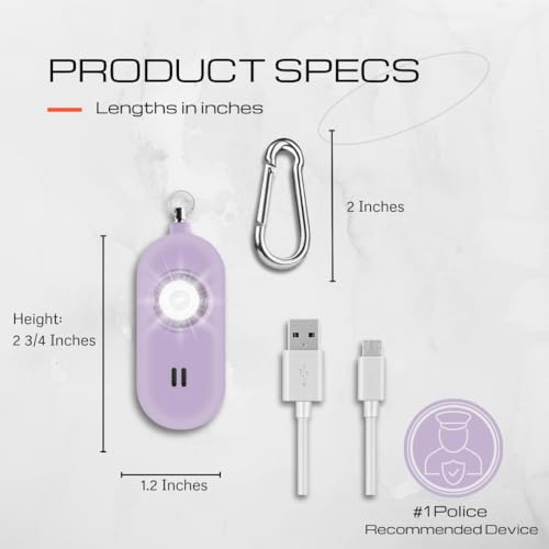 Rechargeable Personal Safety Alarm for Women. 130dB Siren. Ear-Piercingly Loud w/ Flashing LED Strobe Light Siren Keychain - color: Lavender