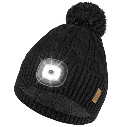 Etsfmoa Winter Hat with Light,Fleece Lined Knit Beanie,Pompom Hat for Women - color: Black