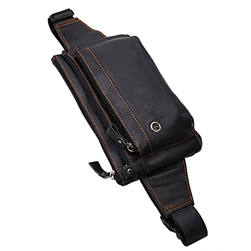 Triple Pocket fanny pack Genuine Leather waist slim sling bag Hip Purse Adjustable Belt strap Casual Pouch Outdoor Day bag (Hole Black) - color: Hole Black